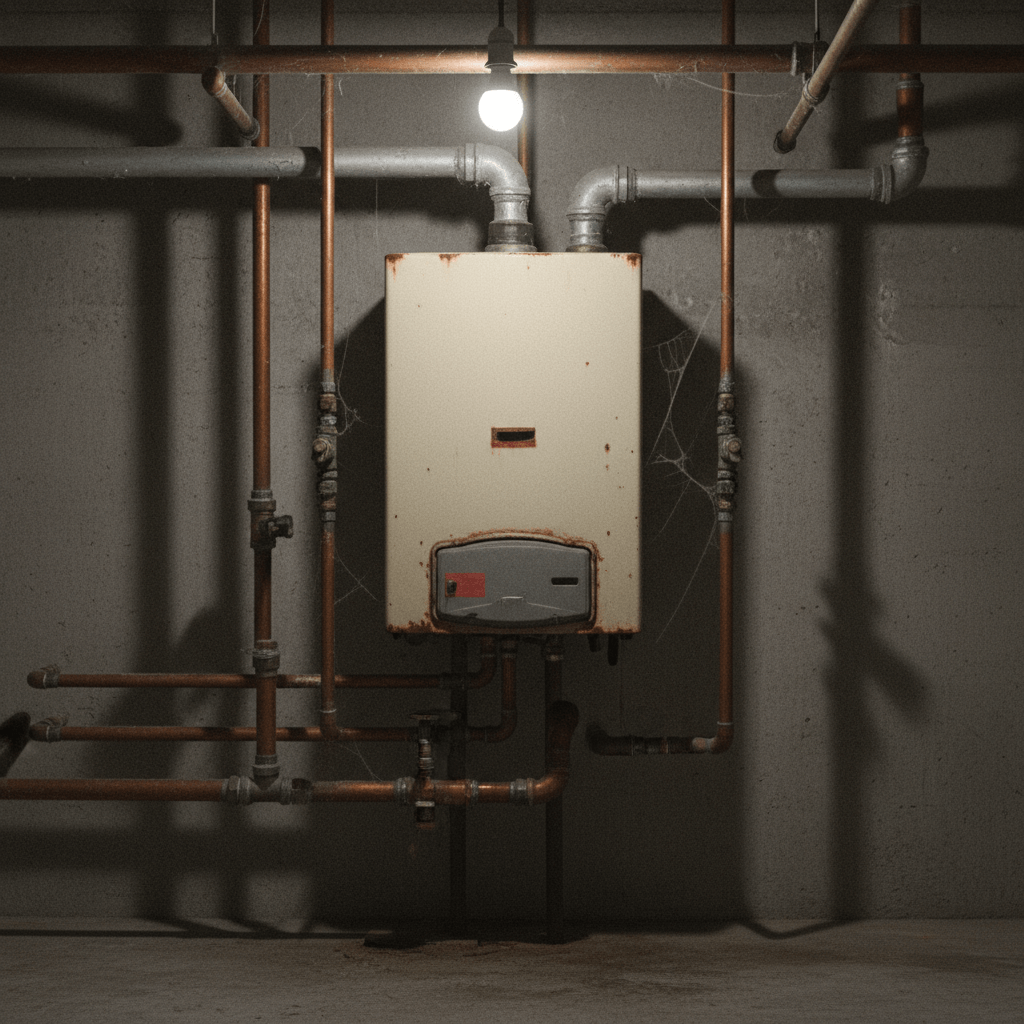 Alter Heizkessel in einem Keller mit Rohren und Anschlüssen