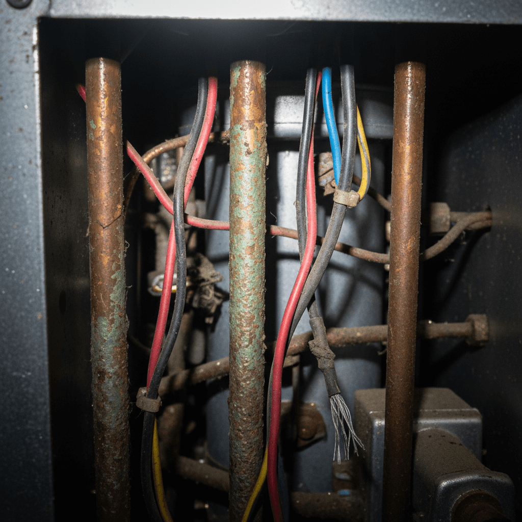 Nahaufnahme einer offenen Gastherme während der Reparatur
