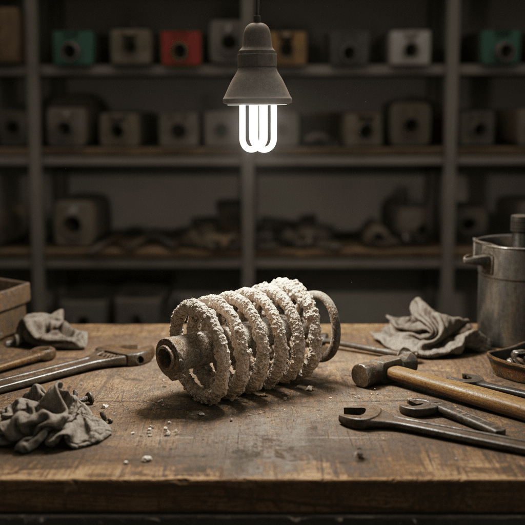 Verkalktes Bauteil einer Heizung auf einer Werkbank