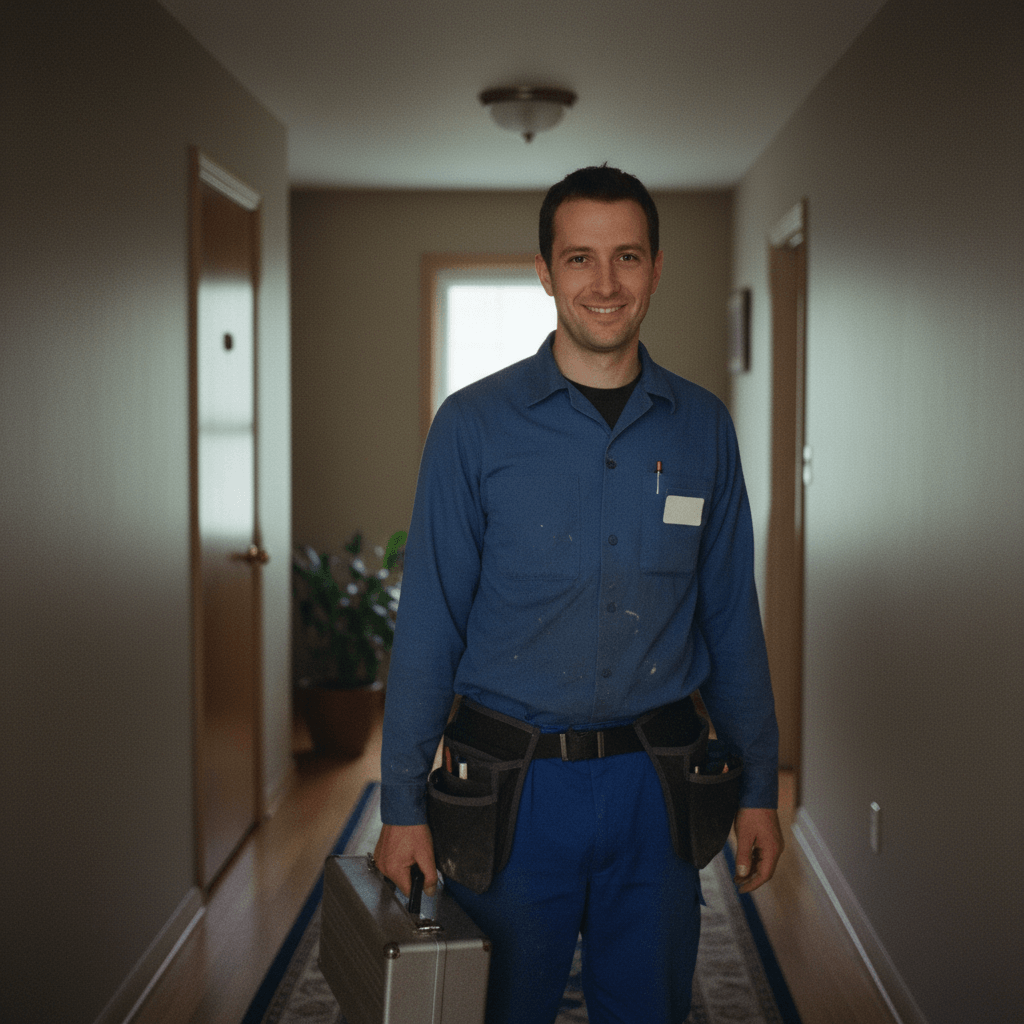 Freundlicher Handwerker steht im Flur mit Werkzeugkoffer bereit