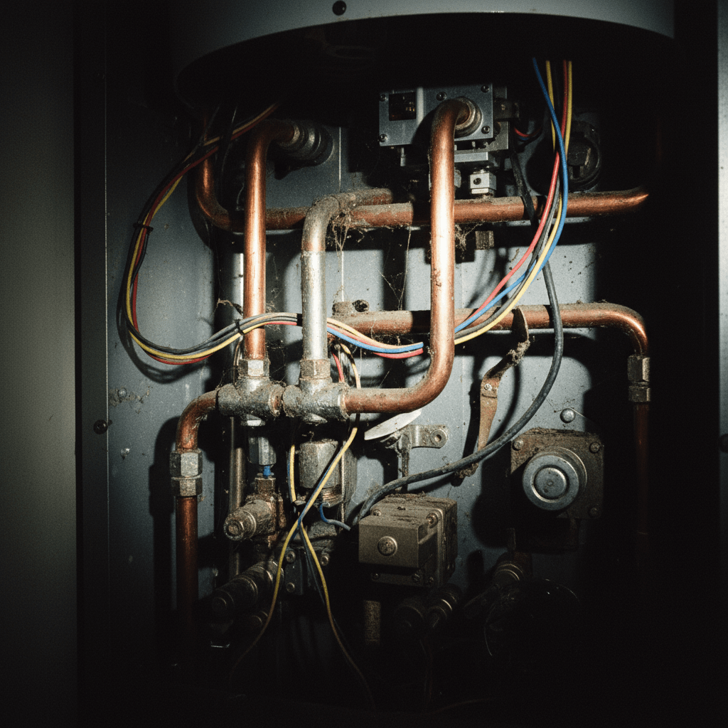 Nahaufnahme einer offenen Gastherme während der Reparatur