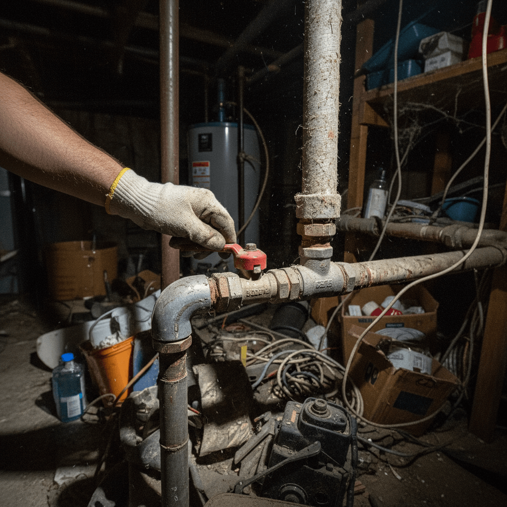 Verschwommene Aufnahme eines Technikers, der nachts im Keller an einer Heizung arbeitet