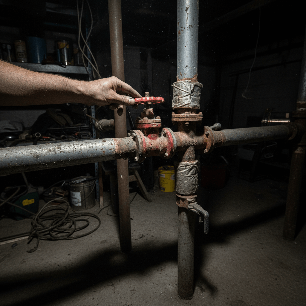 Verschwommene Aufnahme eines Technikers, der nachts im Keller an einer Heizung arbeitet